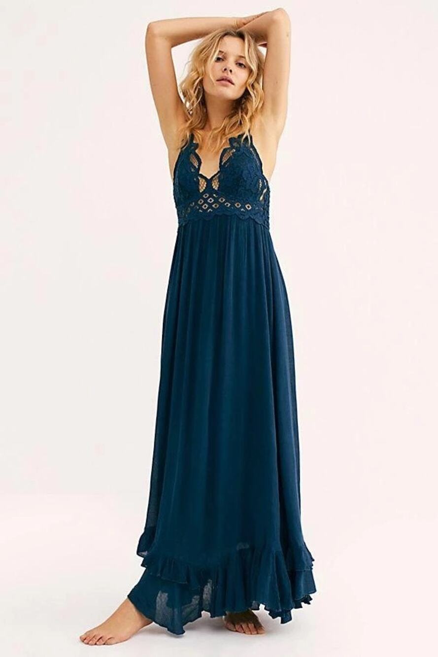 Free People FP One ADELLA MAXI SLIP DRESS Teal Jewel Boho Fairycore S Cottage
